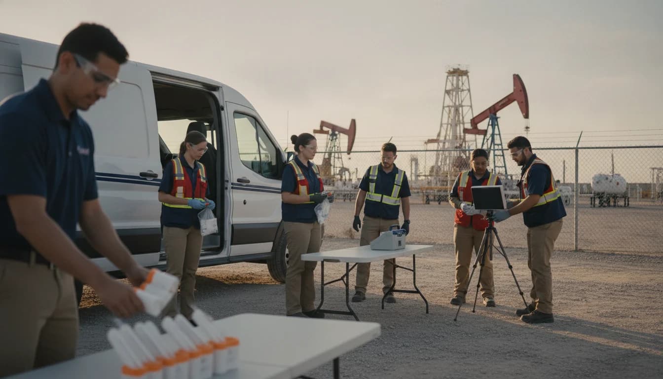 Mobile drug testing team preparing for an employer collection at a Midland, Texas worksite